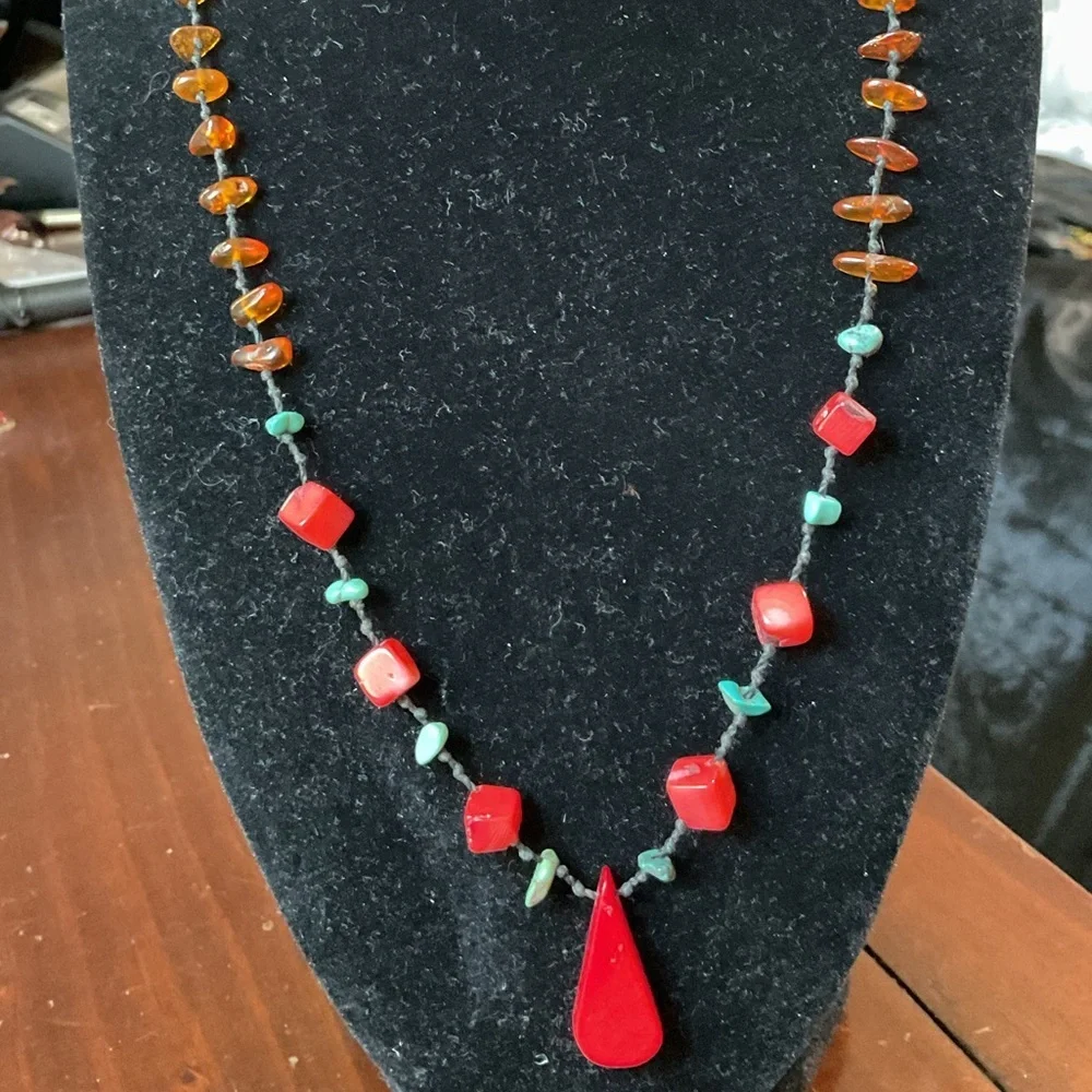 Vintage Baltic Amber Turquoise Coral Lavaliere Necklace